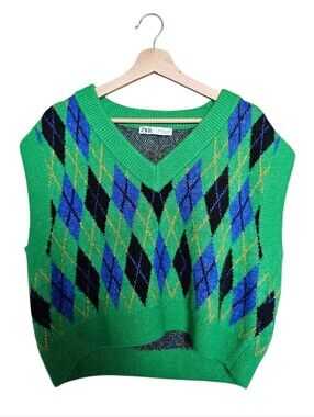 ZARA Green Argyle Knit V-Neck Sweater Vest Size Large